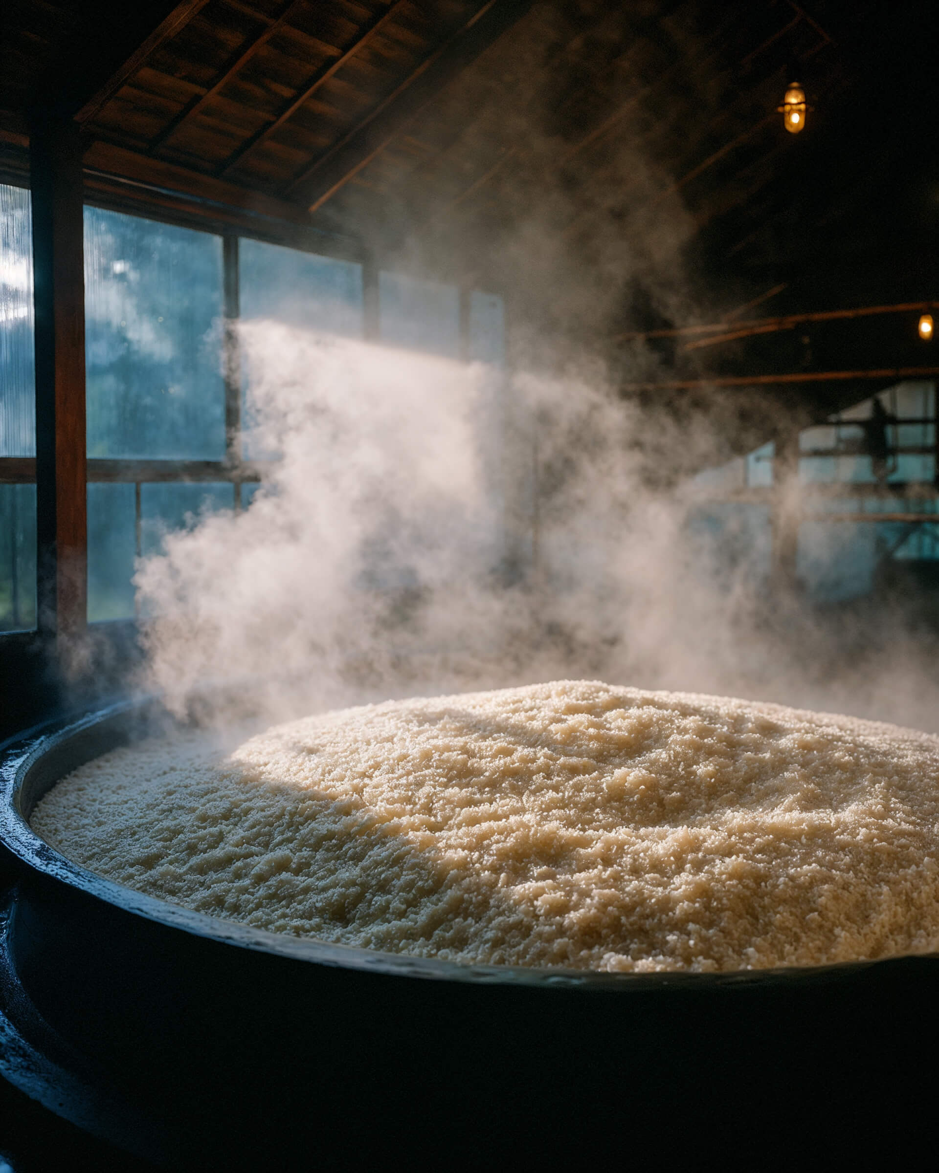 steaming rice in a japanese sake brewery