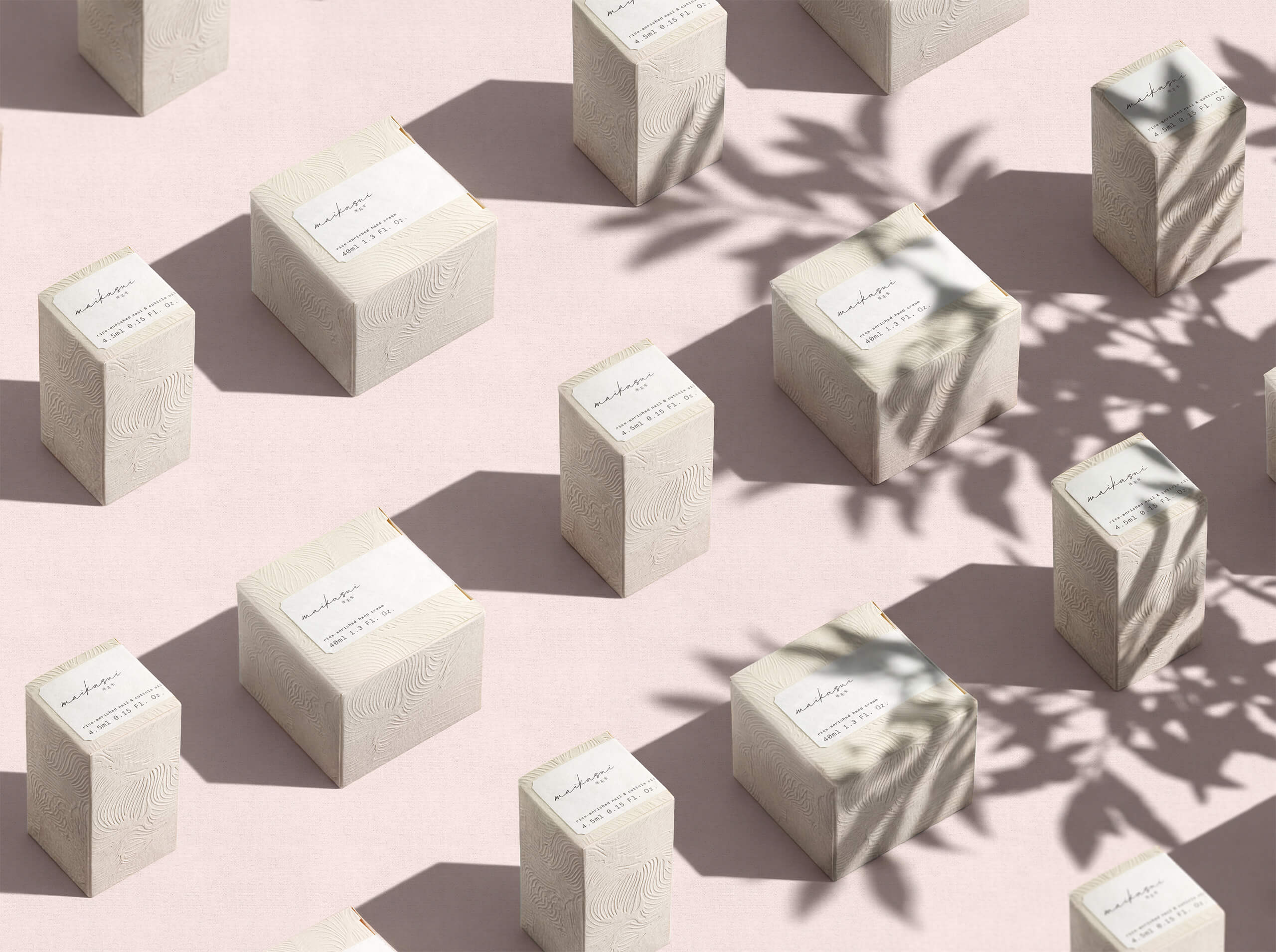 premium sustainable and minimal packaging for maikasui made of kome kami paper (made of rice) embossed letterpress gentle brand identity