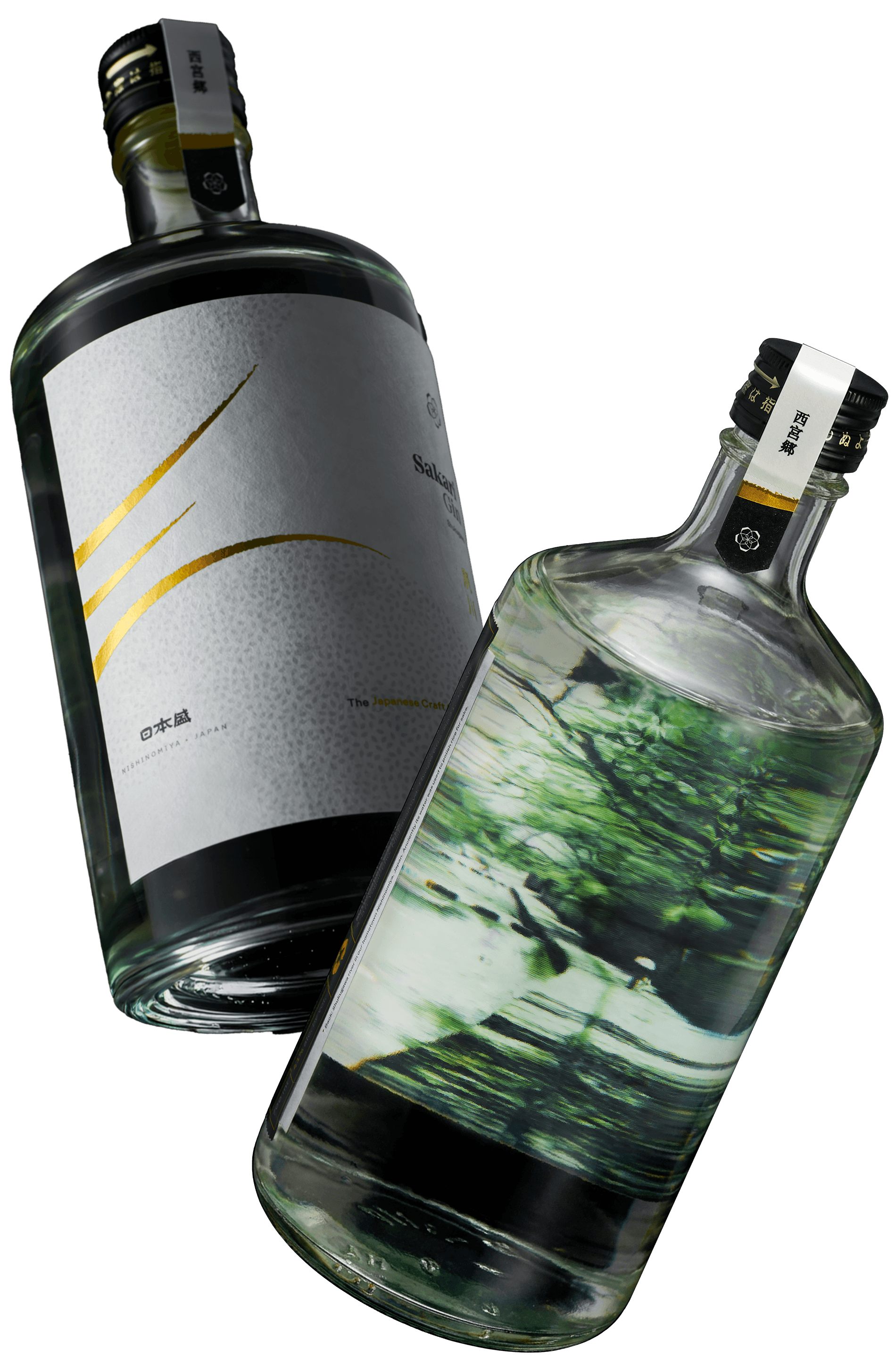 sakari gin label design branding positioning brand strategy gold details premium design luxury craft gin from Japan Nishinomiya the back of the label shows the Shukugawa river from where the water is taken for the gin
